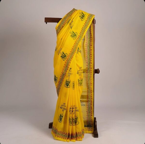 100% Pure cotton Hand Block yellow sharee